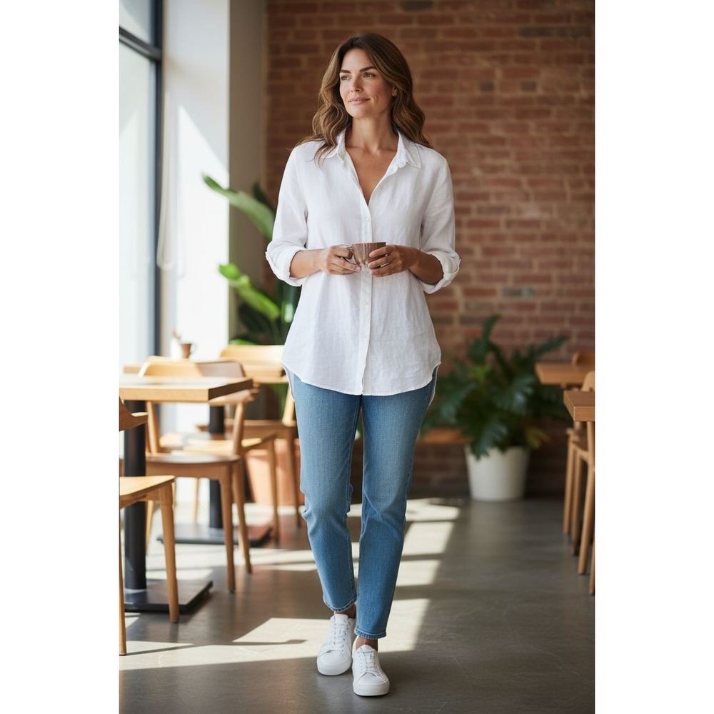 Tahari White Linen Button-Front Tunic Shirt